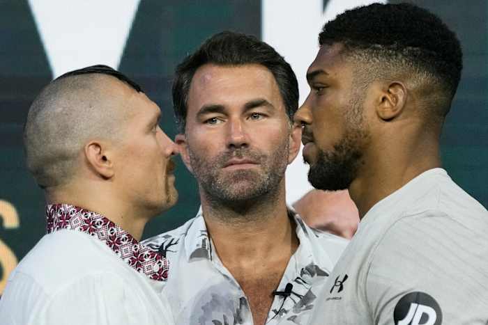Heavyweight boxers Britain’s Anthony Joshua (right) and Ukraine’s Oleksandr Usyk face off during a weigh-in at King Abdullah Sports City.